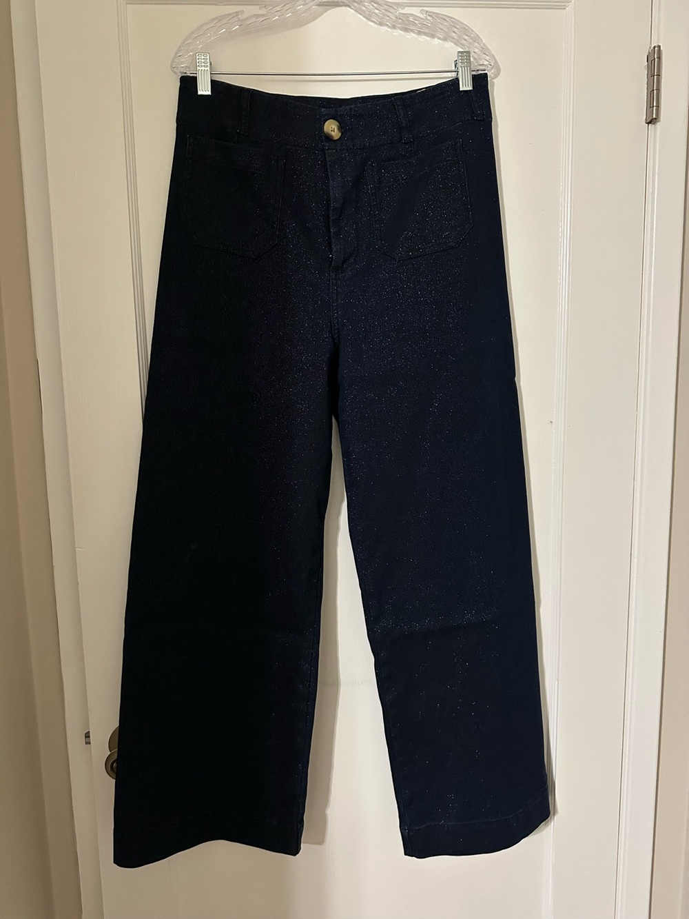 Anthropologie Maeve Colette Navy Sparkle Denim Wide-Leg Jeans Cropped Tall - Picture 6 of 9
